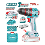 taladro Atornillador Inalámbrico Total 20V TIDLI20768 con motor brushless, función percutor y torque de 76 Nm. Incluye 2 baterías, cargador y accesorios.