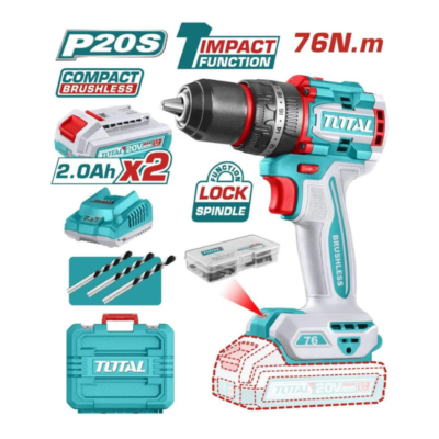 taladro Atornillador Inalámbrico Total 20V TIDLI20768 con motor brushless, función percutor y torque de 76 Nm. Incluye 2 baterías, cargador y accesorios.