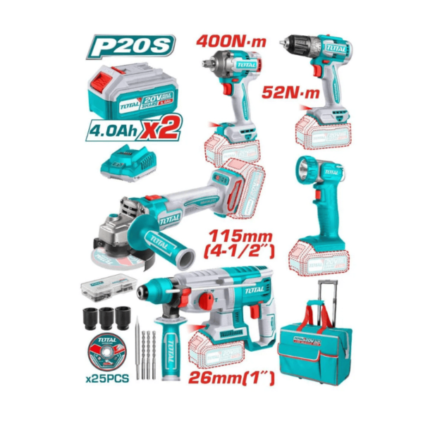 Combo Taladro + Amoladora + Llave de Impacto + Rotomartillo + Linterna TCKLI2058