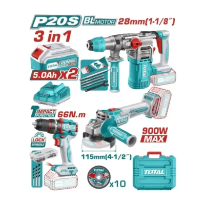 Taladro Percutor 66nm + Rotomartillo + Amoladora Industrial Total TOSLI241183