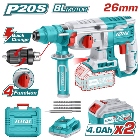 ROTOMARTILLO SDS+ 26MM LI-ION 20V 2.5J 0-5000BPM BRUSHLESS 2X4.0AH 4FUNC QUICK INDUSTRIAL