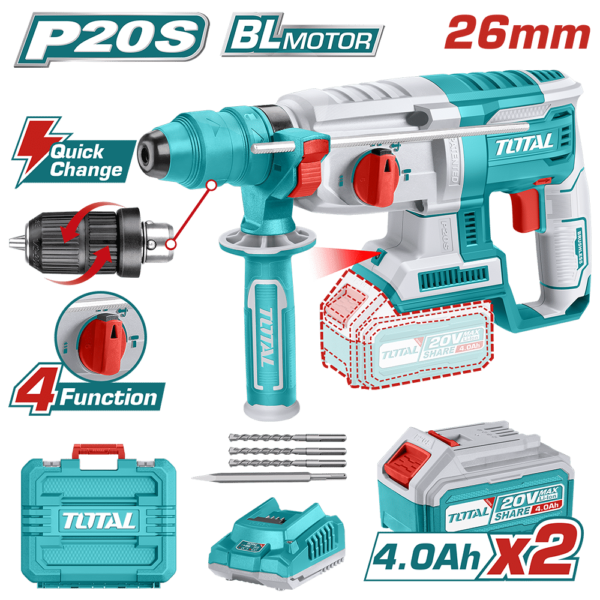 ROTOMARTILLO SDS+ 26MM LI-ION 20V 2.5J 0-5000BPM BRUSHLESS 2X4.0AH 4FUNC QUICK INDUSTRIAL