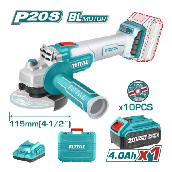 AMOLADORA BRUSHLESS 4.5" 20V 3000-8500RPM 115MM M14 1X.4.0AH+CARGADOR Y MALETIN - TAGLI2011587
