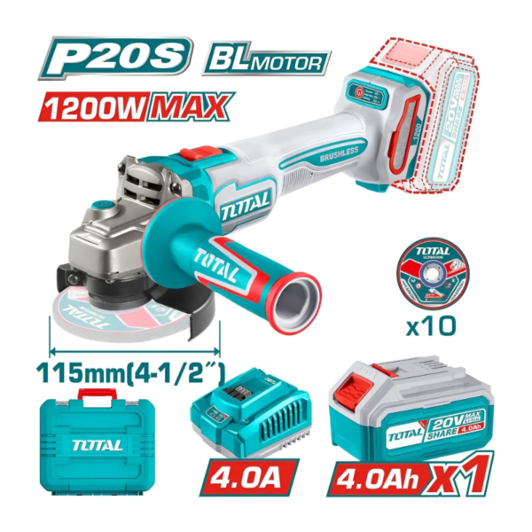 MOLADORA 20V BRUSHLESS 4.5" 3000-9000RPM 115MM M14 1200W.MAX 1X4.0AH IN - TAGLI2211531