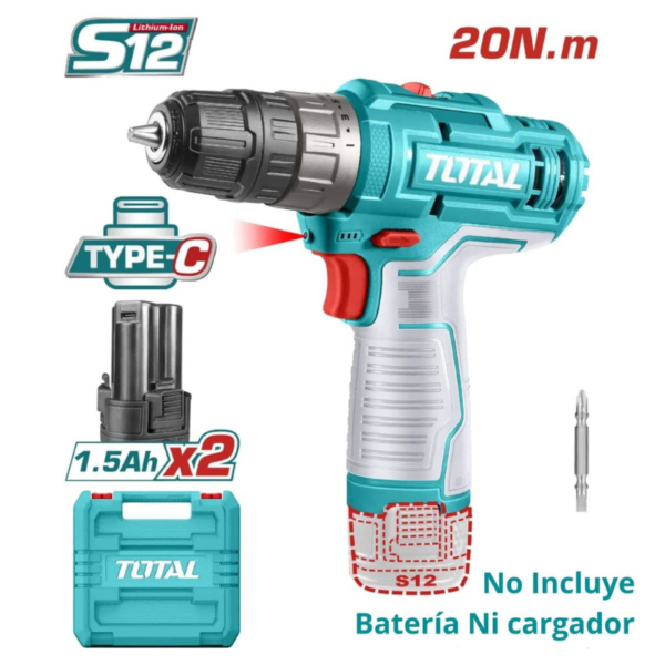 TALADRO 12V 3/8 + 2 BATERIAS TIPO C TOTAL (TDLI12202)