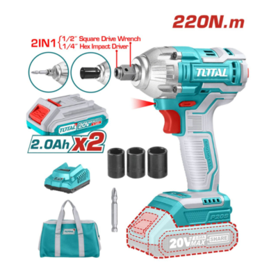 ATORNILLADOR DE IMPACTO INDUSTRIAL 20V 220NM 2 EN 1 (1/2" Y 1/4") SIN CARBÓN TIWLI20208