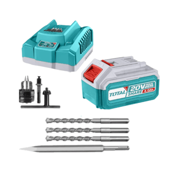 Rotomartillo SDS Plus 20V 2.0J – Incluye Batería 4.0Ah, Cargador y Accesorios | Total TRHLI202081
