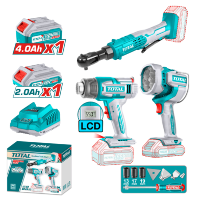 Kit de Herramientas TOTAL 20V TOSLI241196 con Pistola de Calor, Chicharra Inalámbrica y Lámpara LED