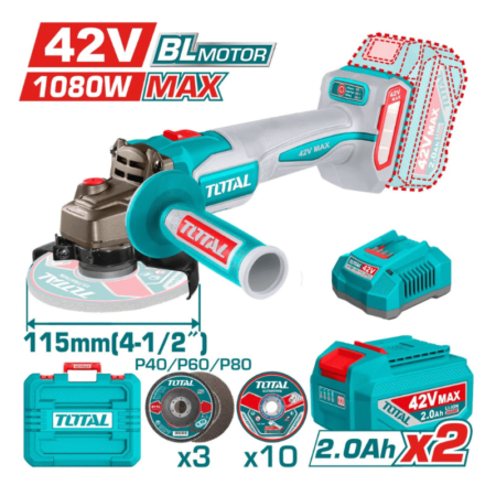 AMOLADORA ANGULAR 42V BRUSHLESS 1080W (TAGLI4108112) 4-12 Kit con 2 Baterías