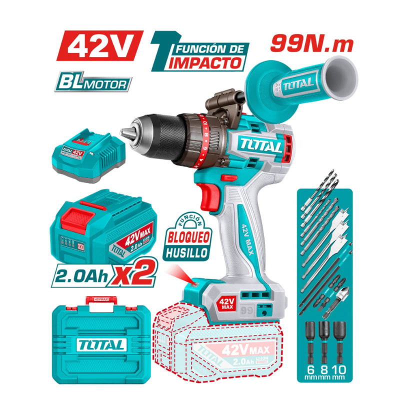 Taladro Atornillador Percutor Brushless 42V | 99 Nm - TIDLI429982 1 TALADRO PERCUTOR 42V 69NM 13MM 1X2.0AH BRUSHLESS +ACC MALETIN INDUSTRIAL