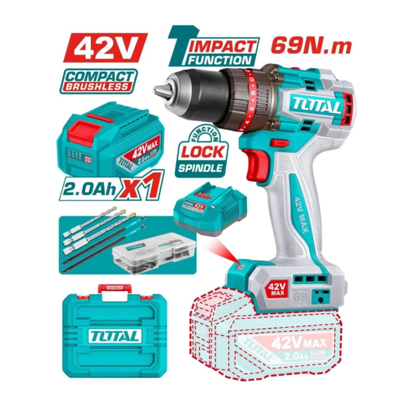Taladro Percutor Atornillador 42v 69nm Total - TIDLI426981 1 Taladro percutor 69nm + 1 batería y cargador 42v total