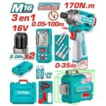 Combo TOTAL 20V Nivel Láser 12 Líneas + Atornillador de Impacto 285 Nm + Medidor Láser TOSLI250886