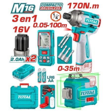 Combo TOTAL 20V Nivel Láser 12 Líneas + Atornillador de Impacto 285 Nm + Medidor Láser TOSLI250886