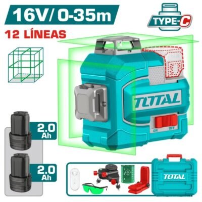 Inicio 23 Nivel Láser 3D Verde 12 Líneas TOTAL TLL301205 con 2 Baterías, Carga USB‑C y Maletín